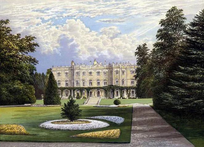 A grand, classical style building with multiple windows and archways, nestled in green gardens with trees under a cloudy sky.